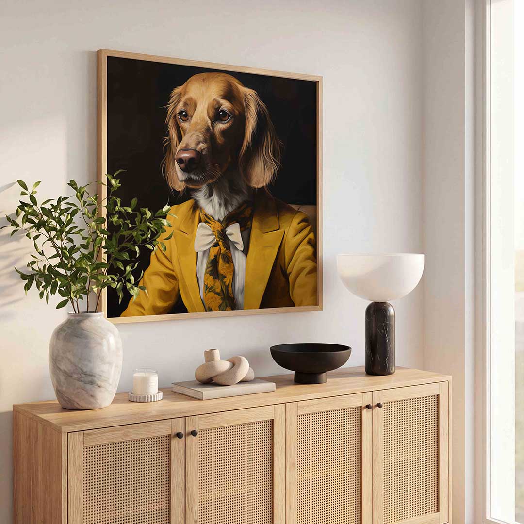 Hond in geel kostuum Poster