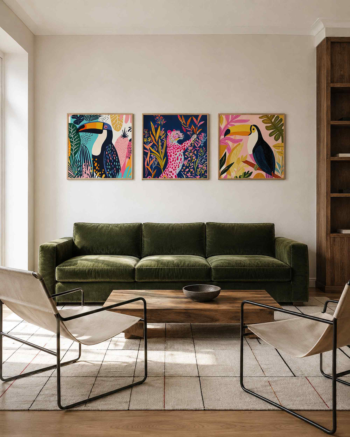 Interieurpresentatie van een driedelige vierkante posterset met tropische vogels en luipaard