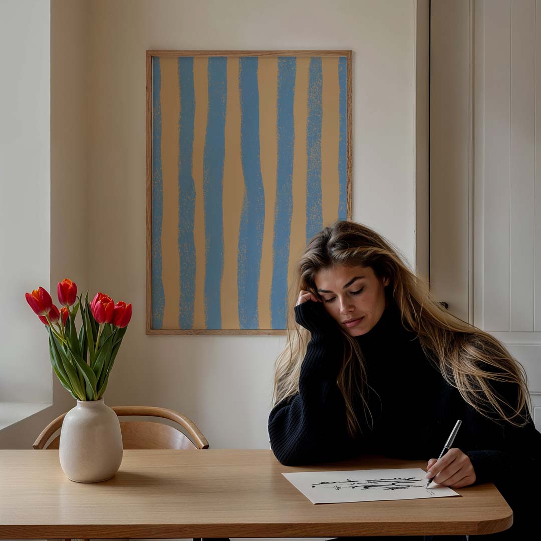Rustgevende Blauw en Oranje Strepen Poster-WallArtistic