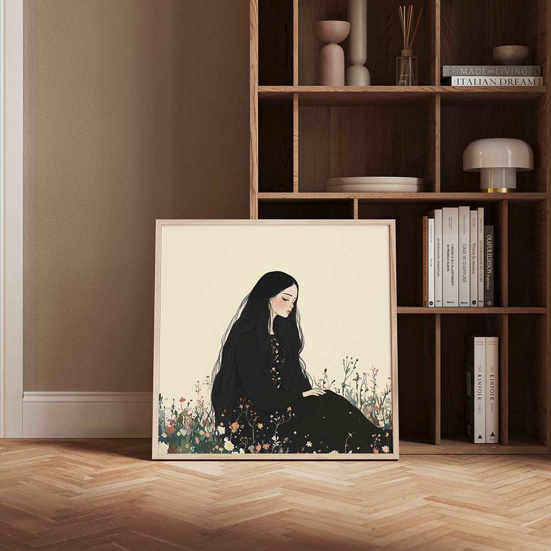 Zittende vrouw in bloemenveld Poster