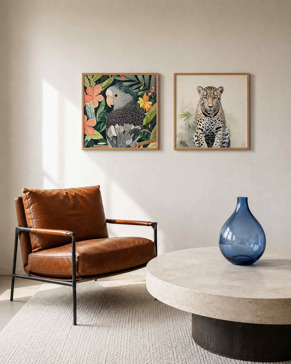 Interieurpresentatie van een tweedelige vierkante posterset met papegaai en luipaard