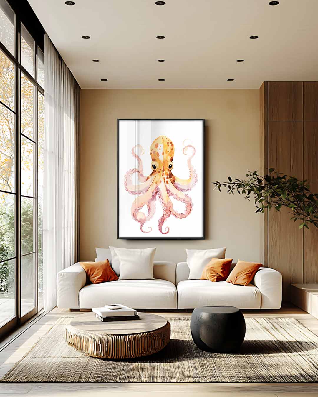 Vrolijke Octopus Illustratie Kunstwerk-canvas-dibond-plexiglas-wanddecoratie-WallArtistic