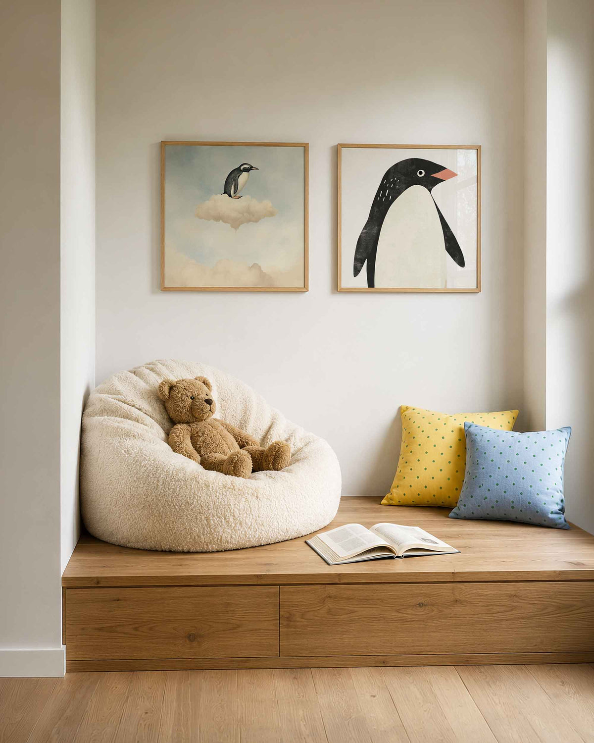 Interieurpresentatie van een tweedelige vierkante posterset met pinguïns in de wolken