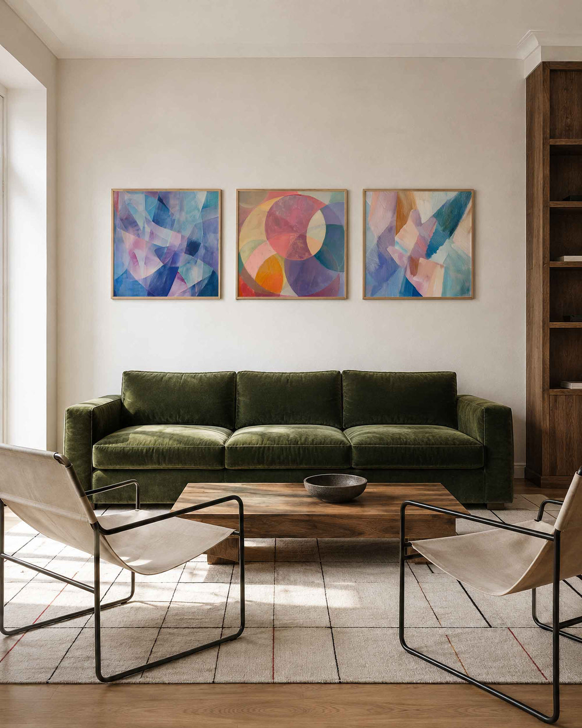 Interieurpresentatie van een driedelige vierkante posterset met pastelkleurige abstracte