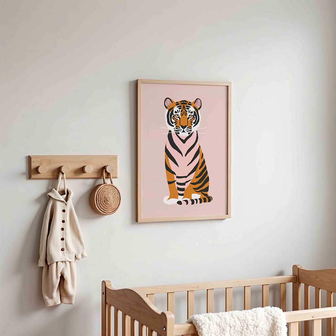 Tijger op roze achtergrond Poster