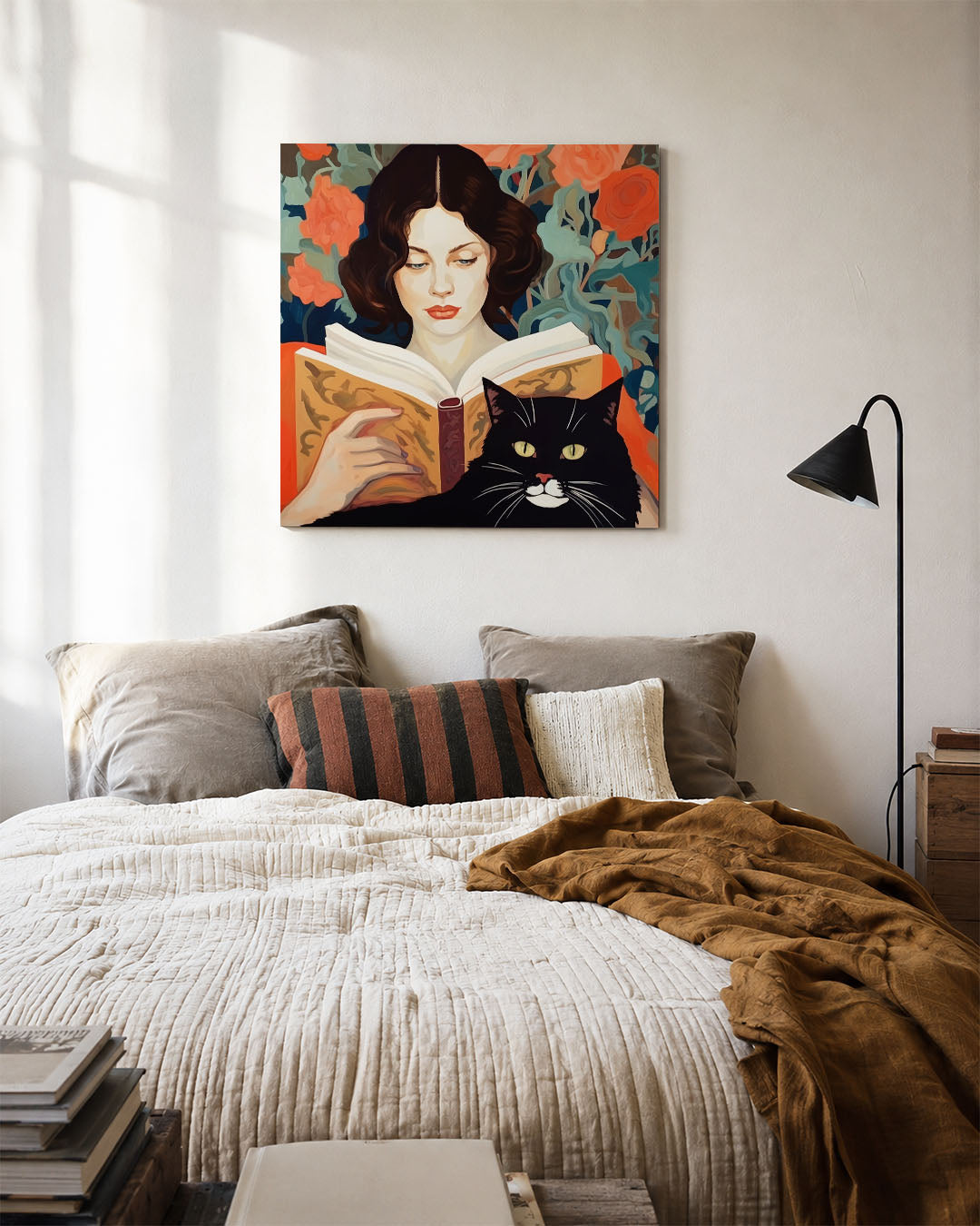 Vrouw met kat en boek Kunstwerk
