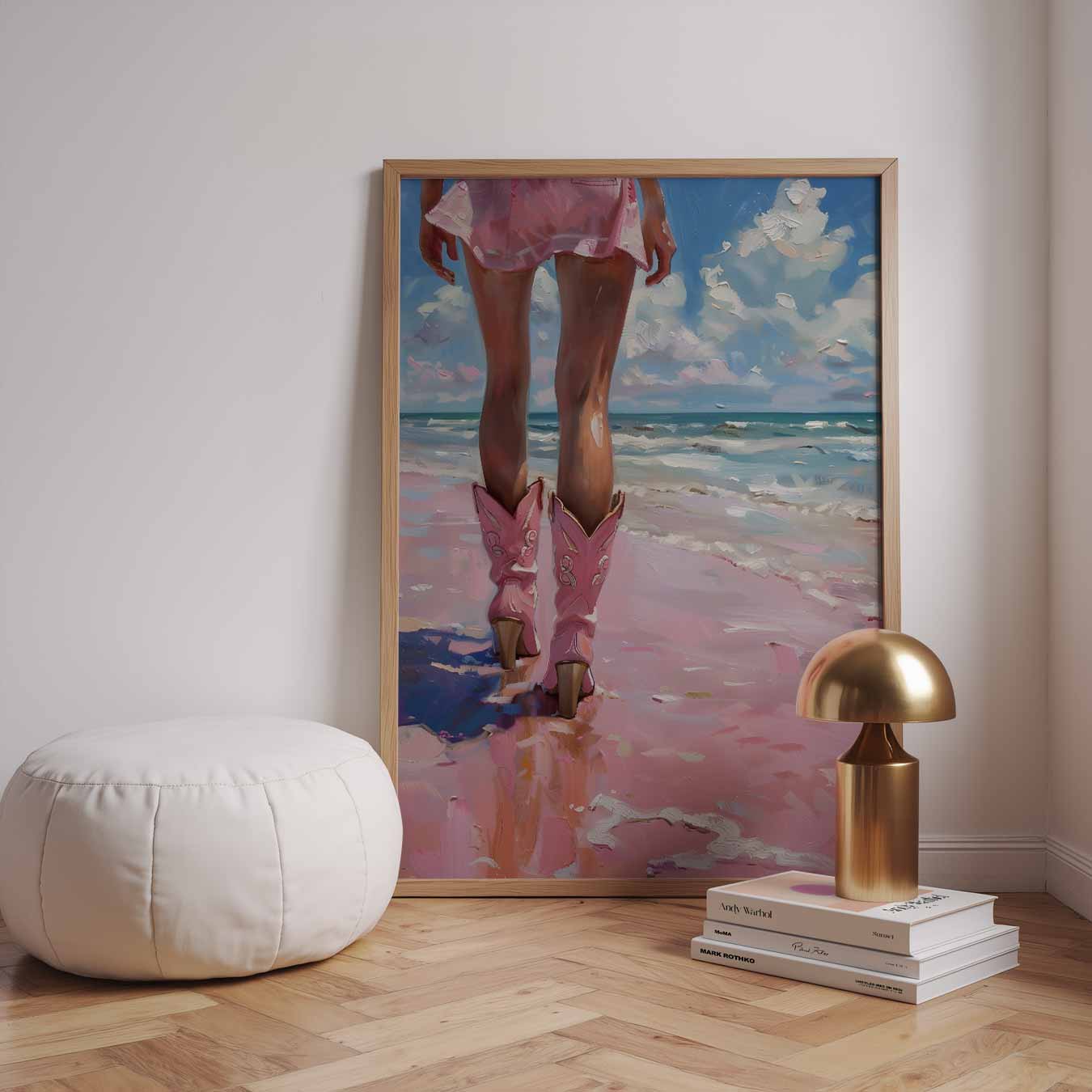 Strandwandeling met Roze Cowboylaarzen Poster-WallArtistic