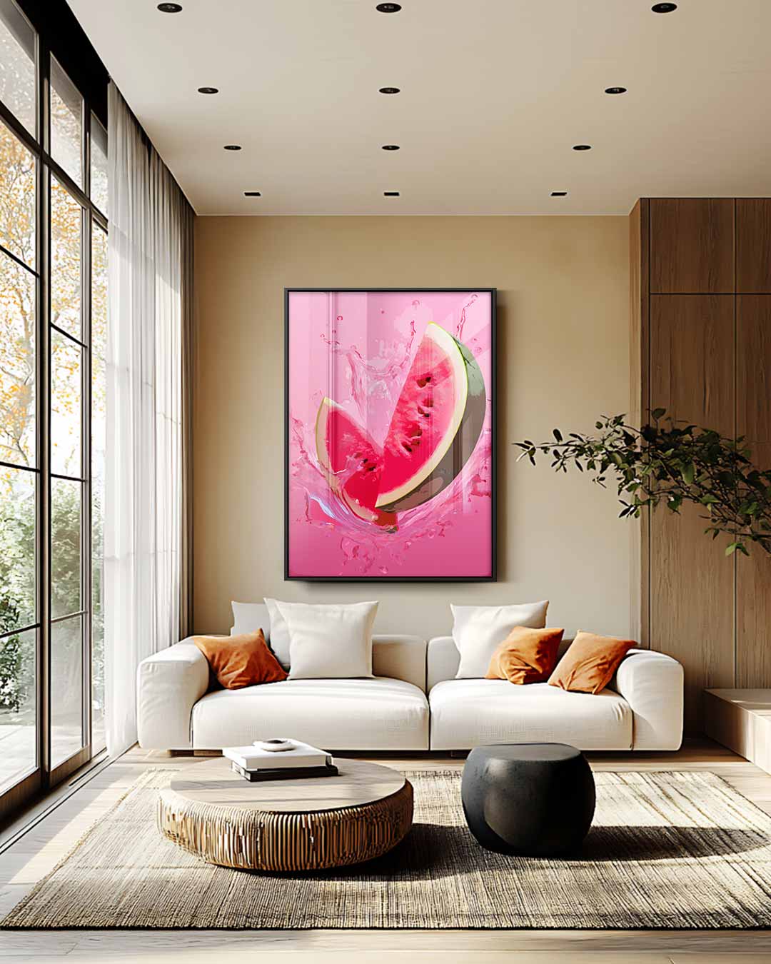 Verfrissende Watermeloen Splash Kunstwerk-canvas-dibond-plexiglas-wanddecoratie-WallArtistic