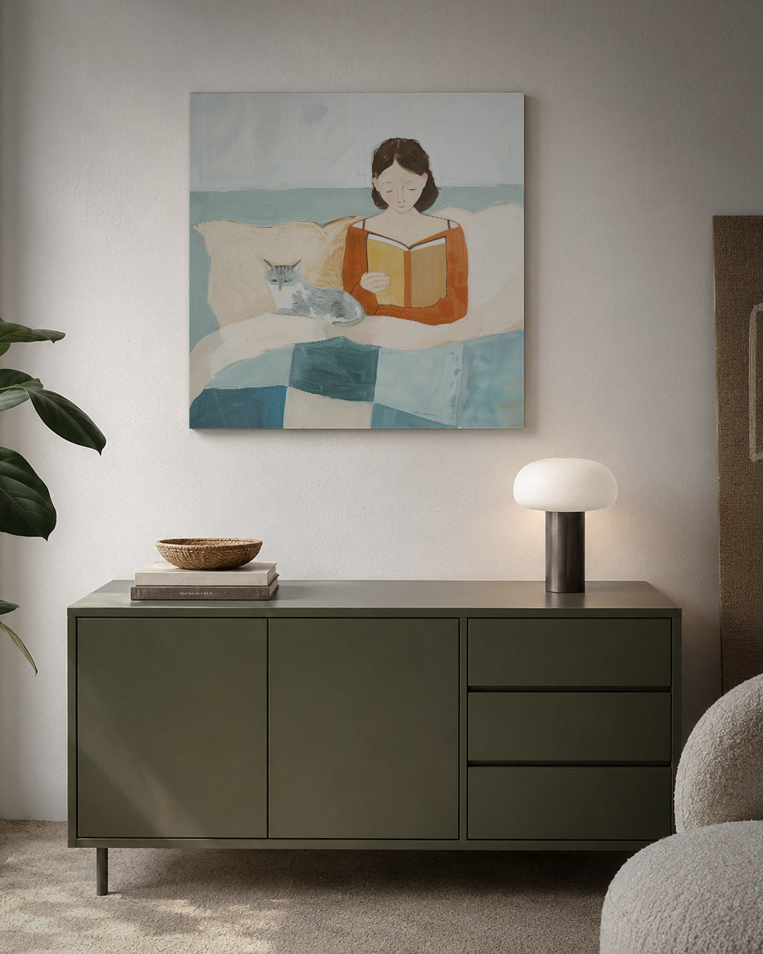 Lezende vrouw met kat Kunstwerk