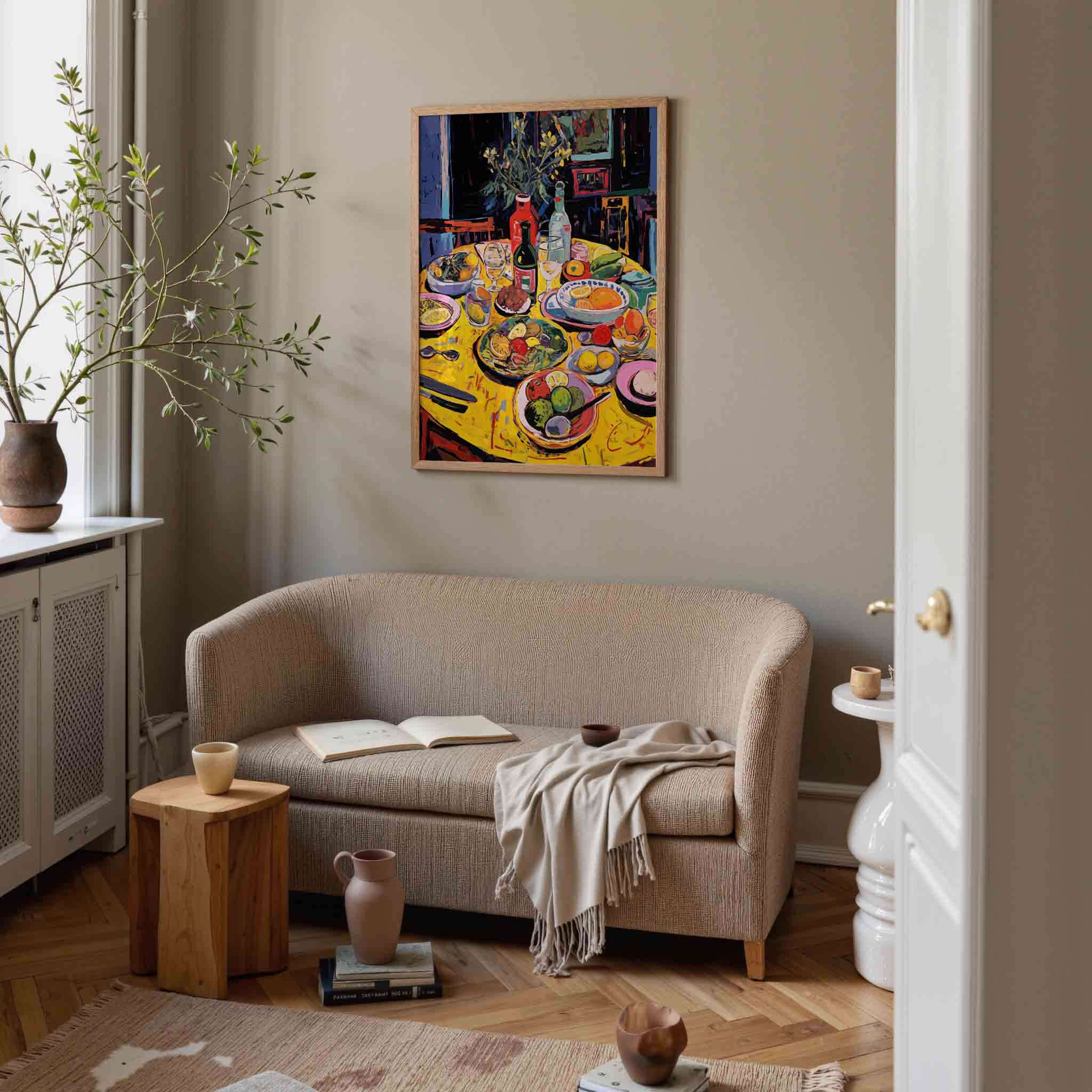 Fruit en flessen op tafel Poster