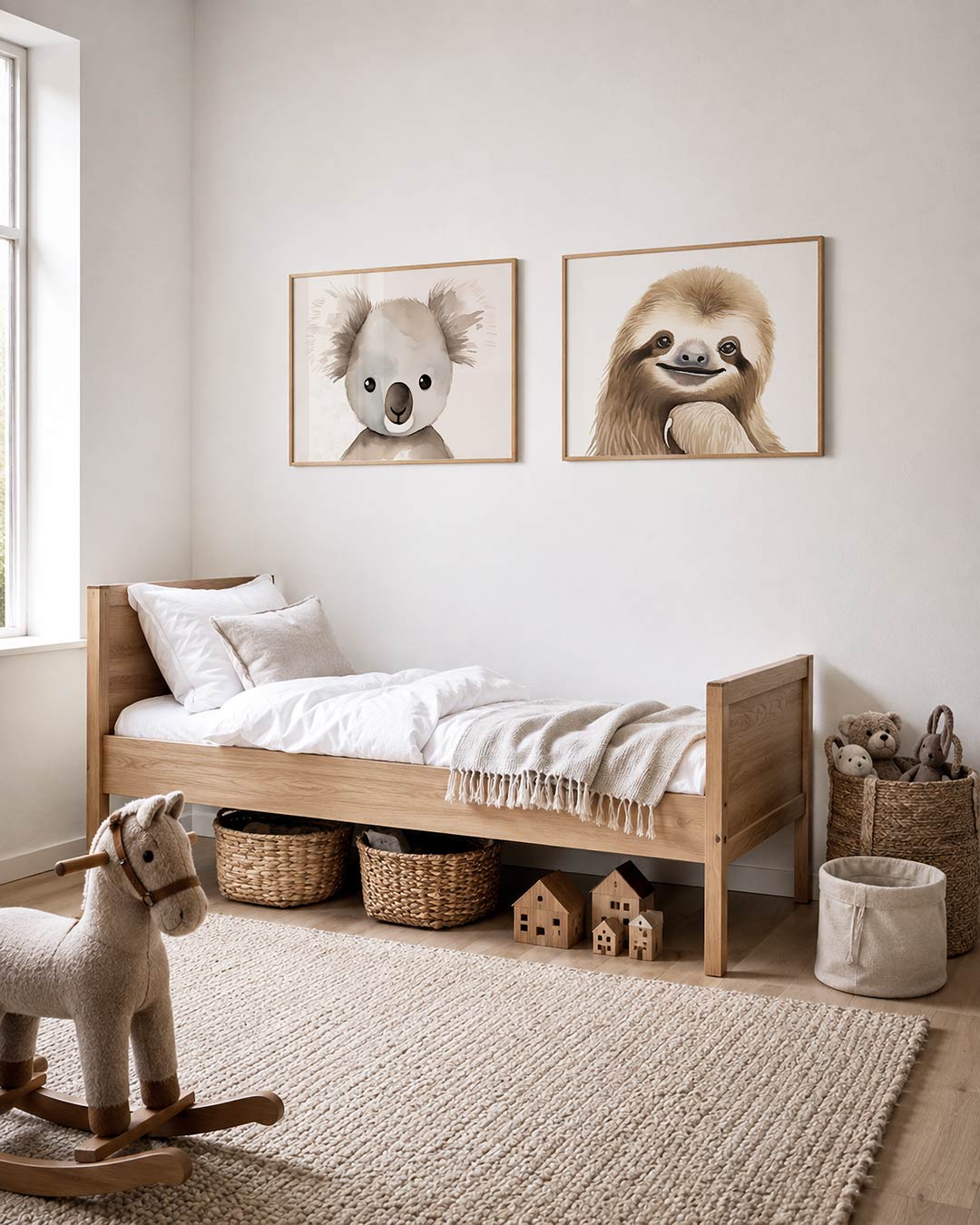 Interieurpresentatie van twee posters met een schattige koala met zachte, vloeiende lijnen en fijne grijstinten