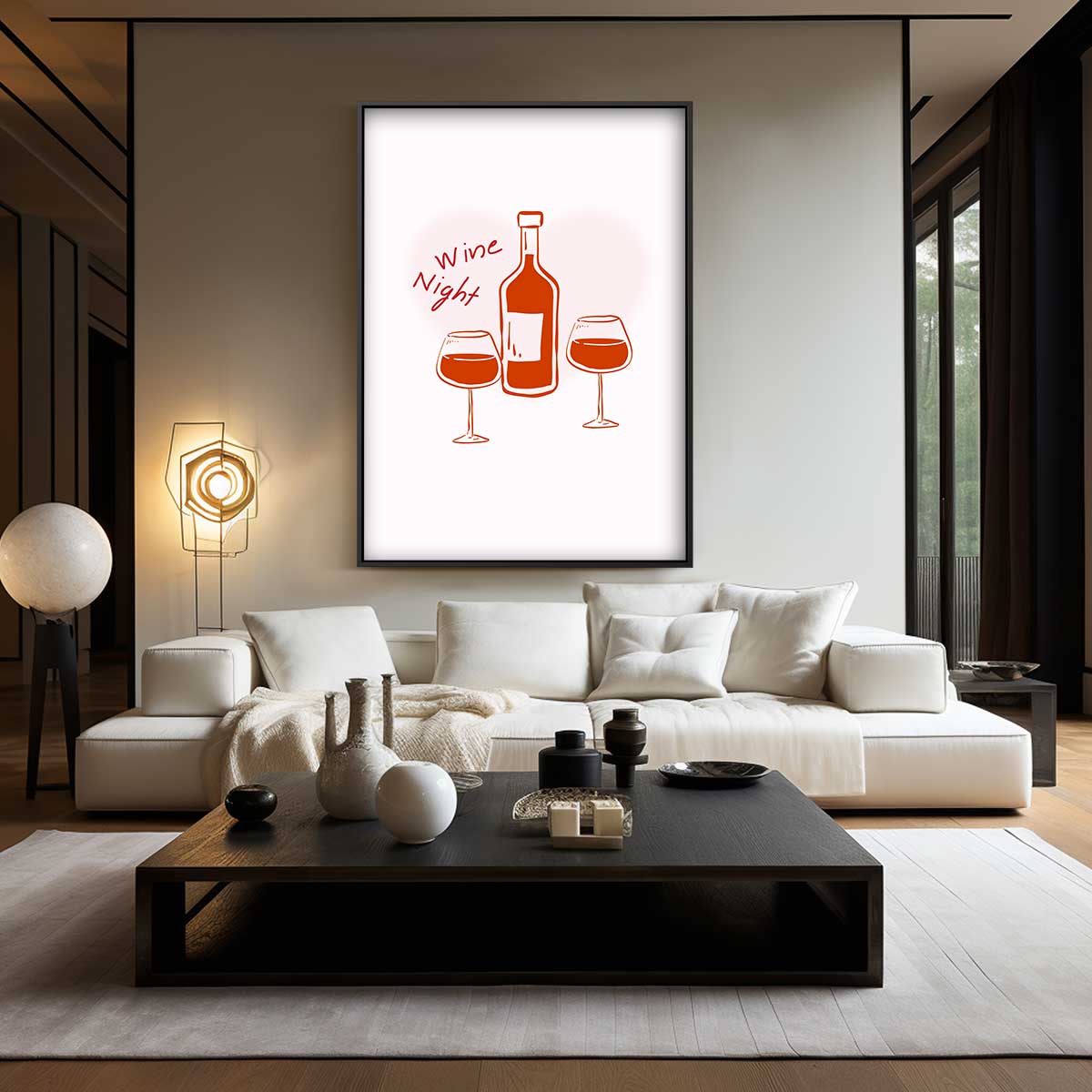 Gezellige Wijnavond Illustratie Kunstwerk-canvas-dibond-plexiglas-wanddecoratie-WallArtistic