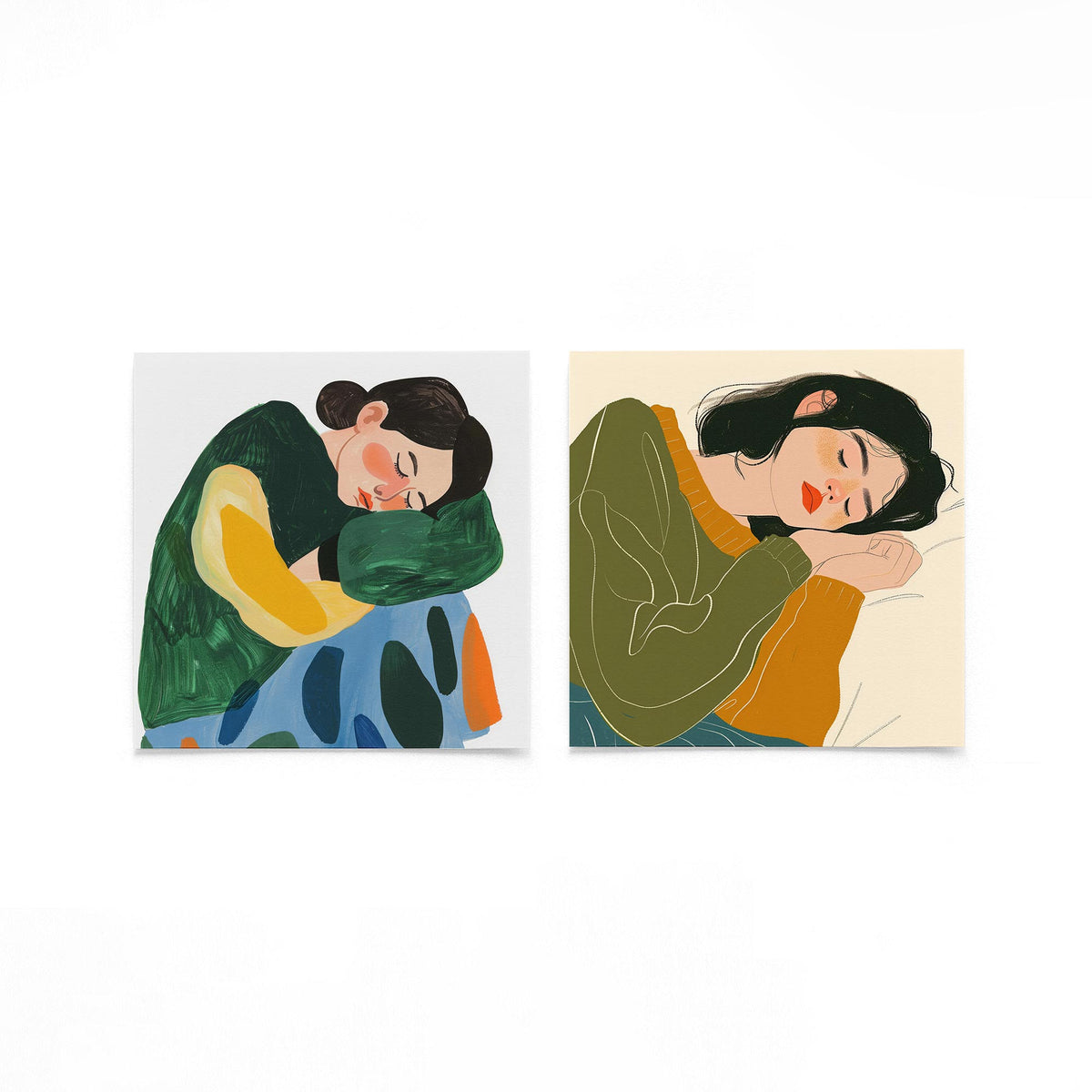 Twee vierkante posters met slapende vrouwen op een gebroken witte achtergrond