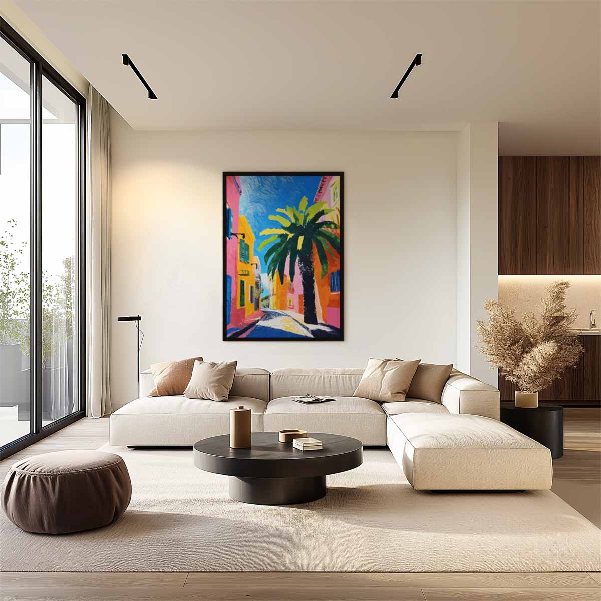 Zomerse Straat met Palmboom Kunstwerk-canvas-dibond-plexiglas-wanddecoratie-WallArtistic