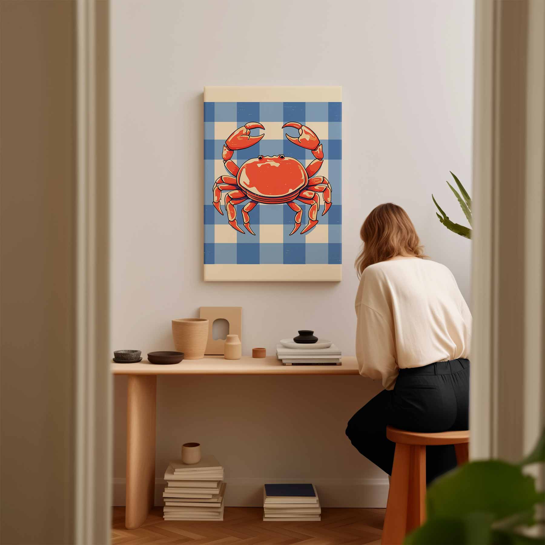 Vrolijke Krab op Blauw-Wit Patroon Kunstwerk-canvas-dibond-plexiglas-wanddecoratie-WallArtistic