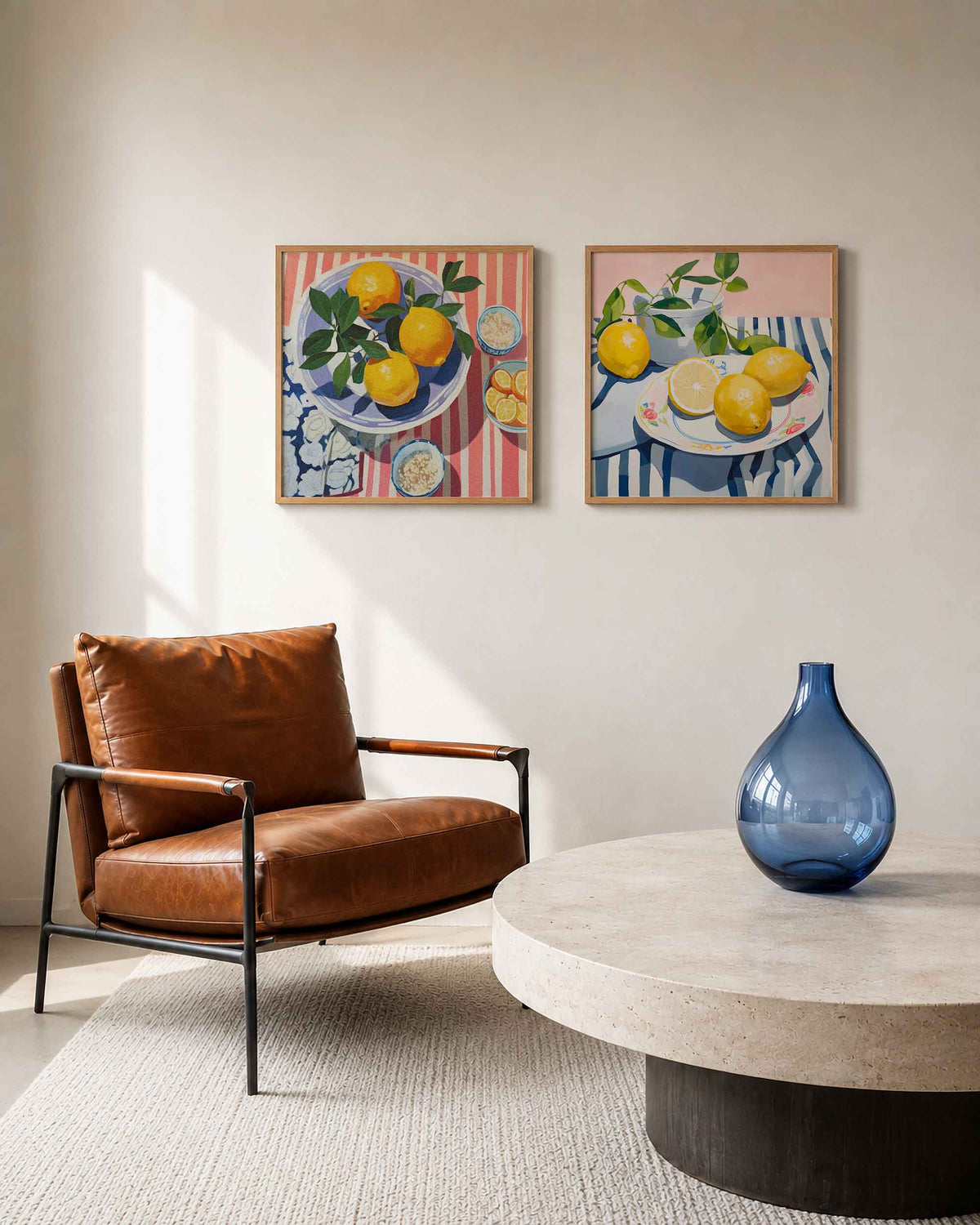 Interieurpresentatie van een tweedelige vierkante posterset met citroenen op servies