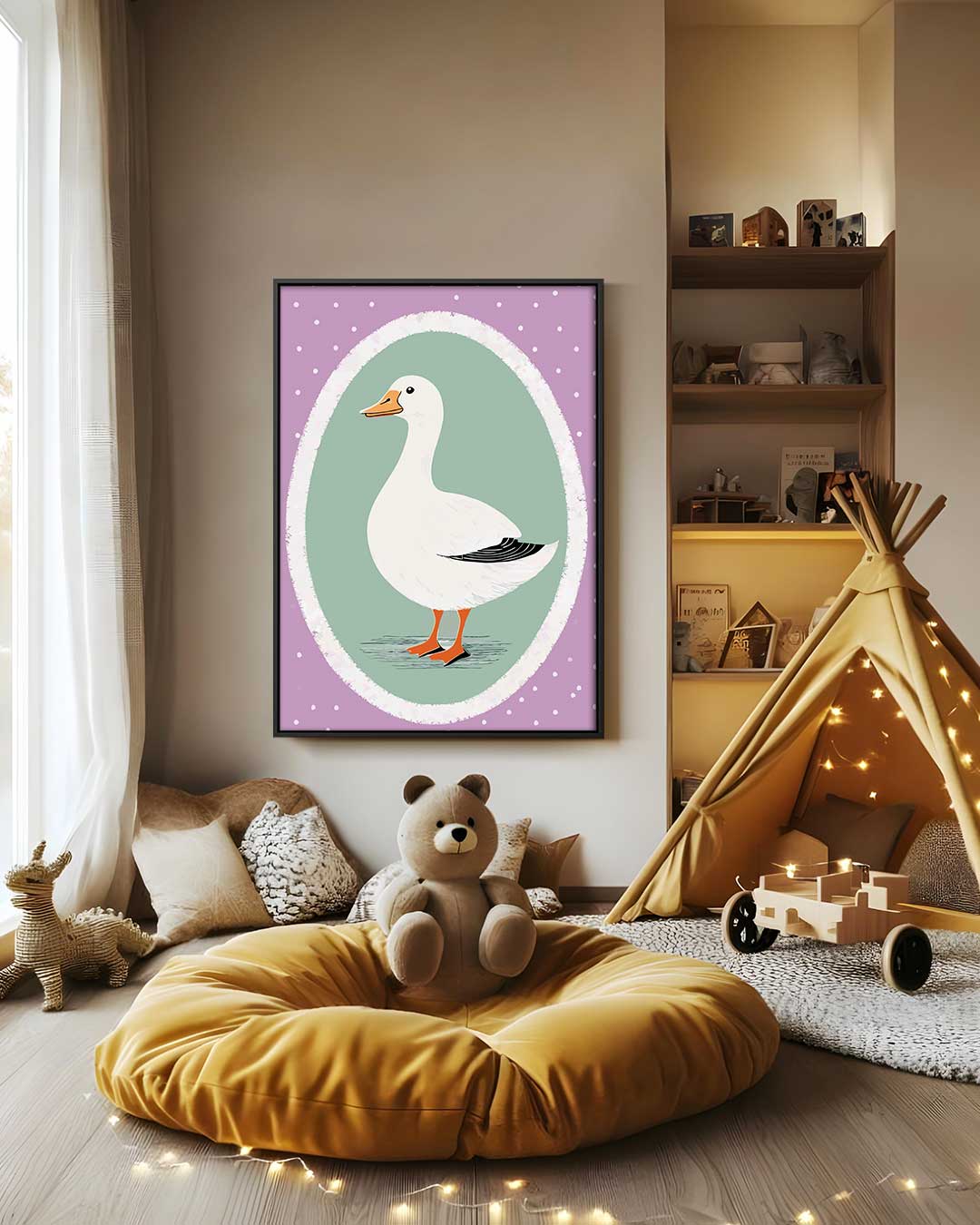 Schattige Eendenschilderij op Paars Kunstwerk-canvas-dibond-plexiglas-wanddecoratie-WallArtistic
