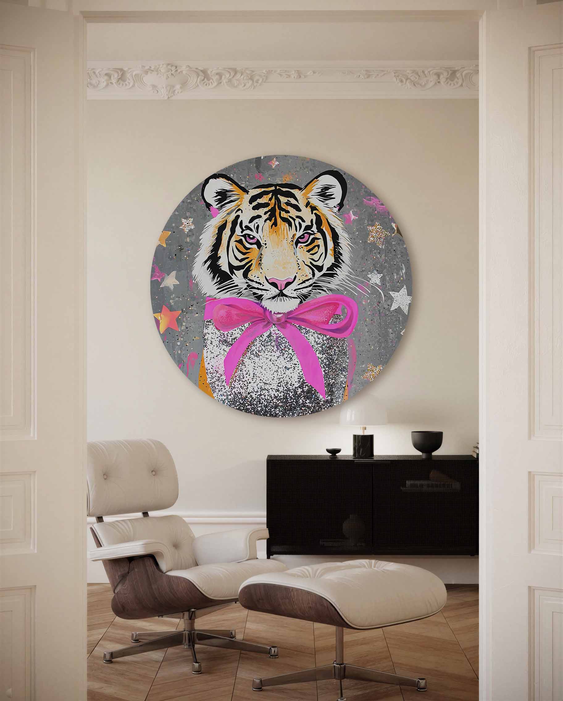Tijger met roze strik Muurcirkel