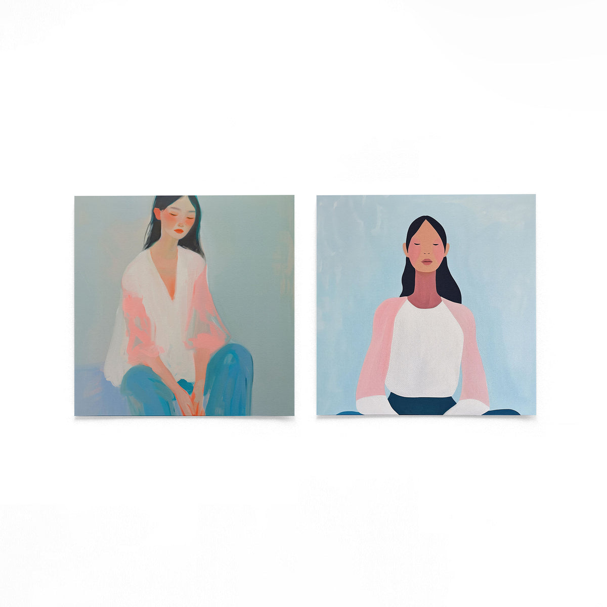 Twee vierkante posters met vrouwenportretten op een gebroken witte achtergrond