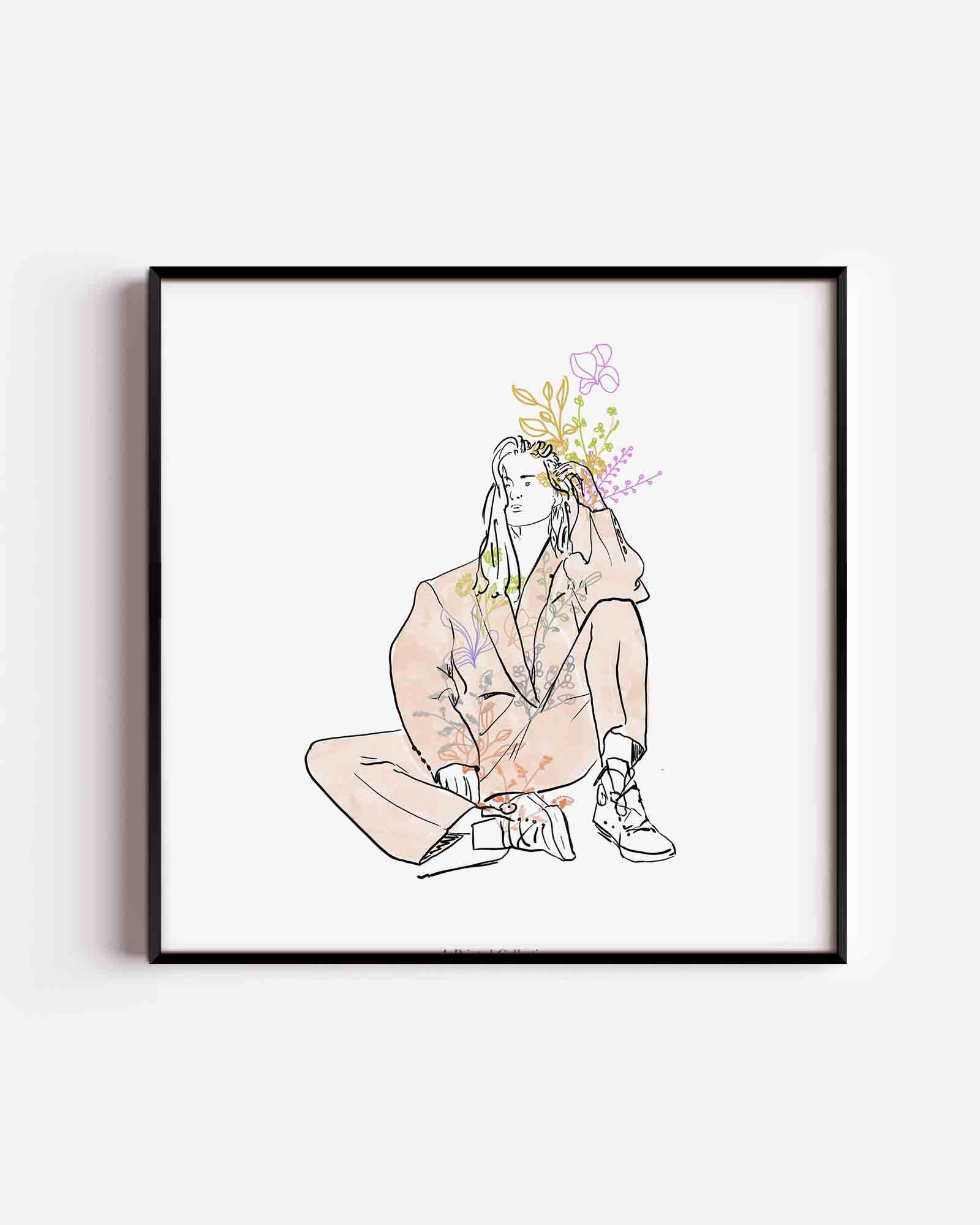 Zittende figuur met bloemen Poster