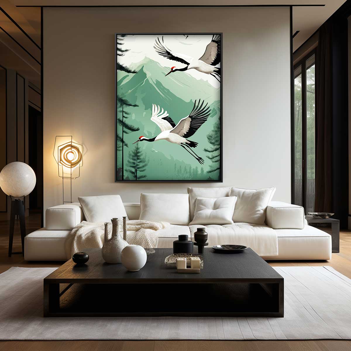 Vliegende Kranen in Berglandschap Kunstwerk