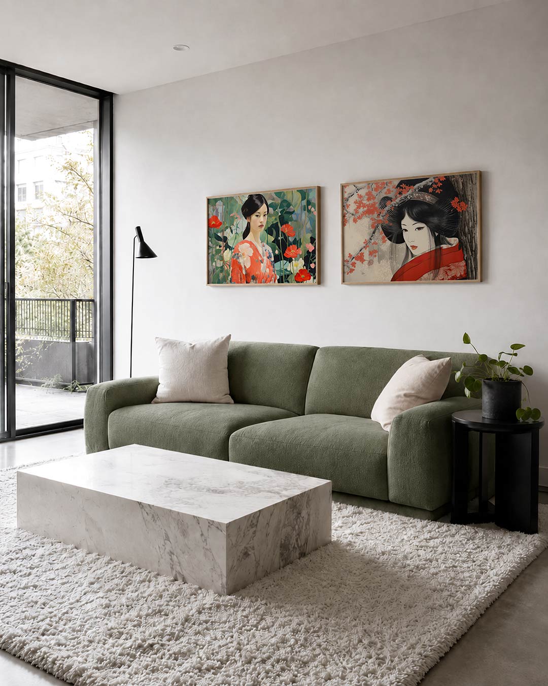 Tweedelige posterset met een vrouw in een kleurrijke kimono, getoond in een interieur