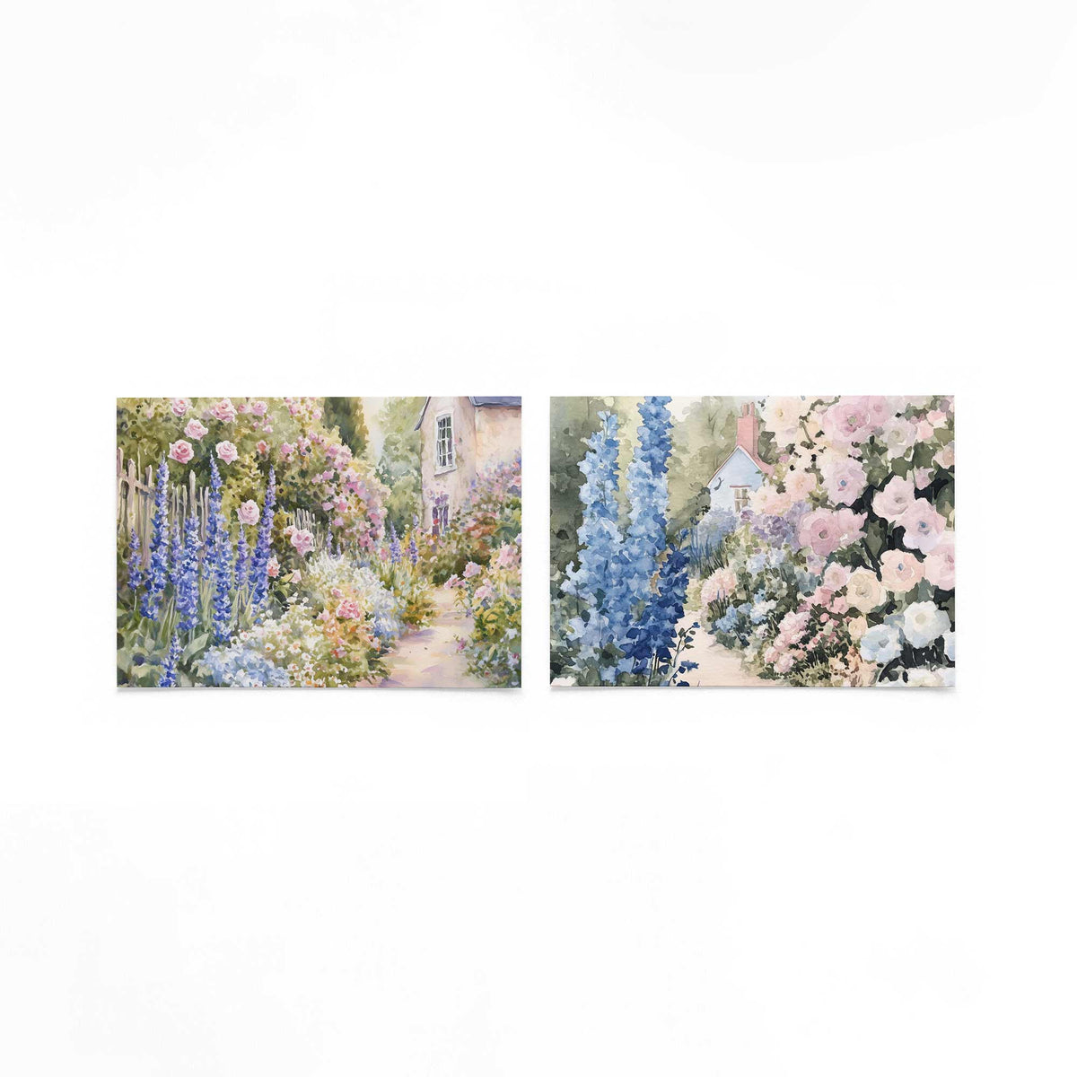 Twee liggende posters met een weelderige tuin vol kleurrijke bloemen op een gebroken witte achtergrond