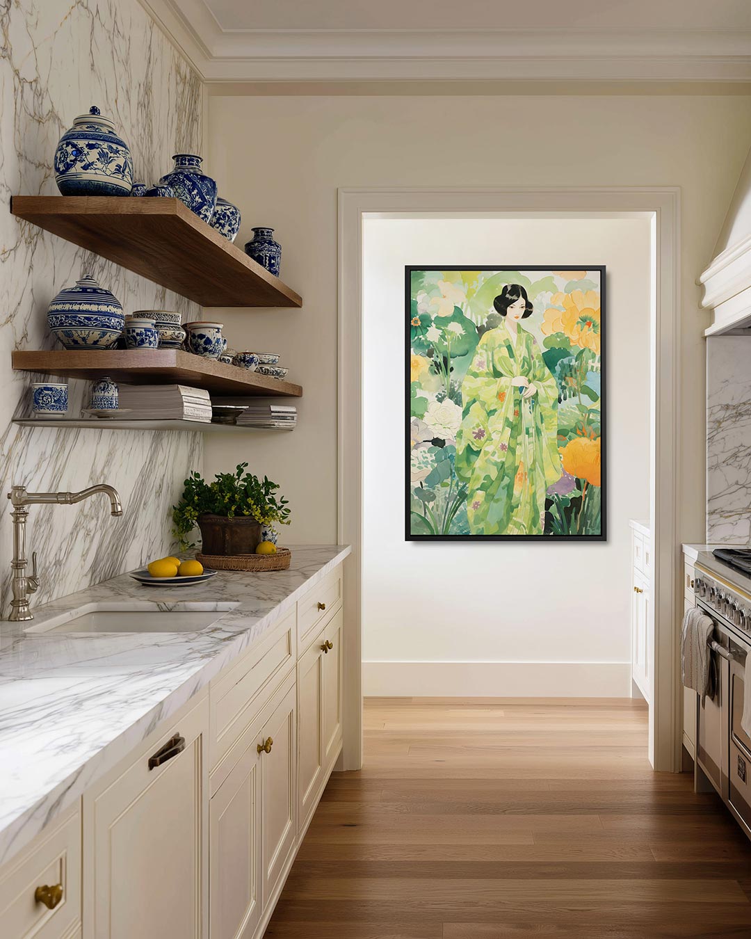 Vrouw in bloementuin Kunstwerk