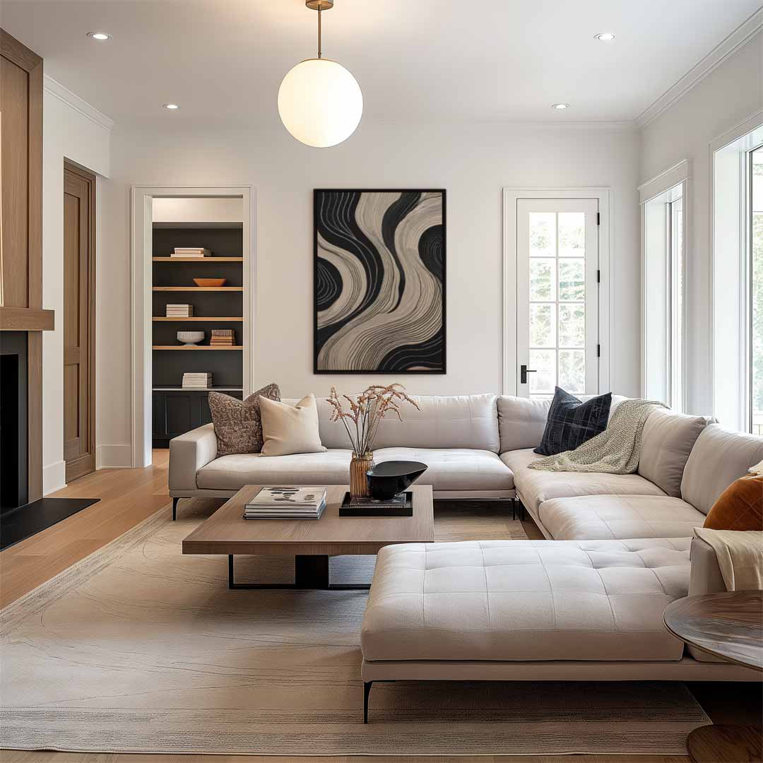 Golvende Lijnen Op Zwart Kunstwerk-canvas-dibond-plexiglas-wanddecoratie-WallArtistic