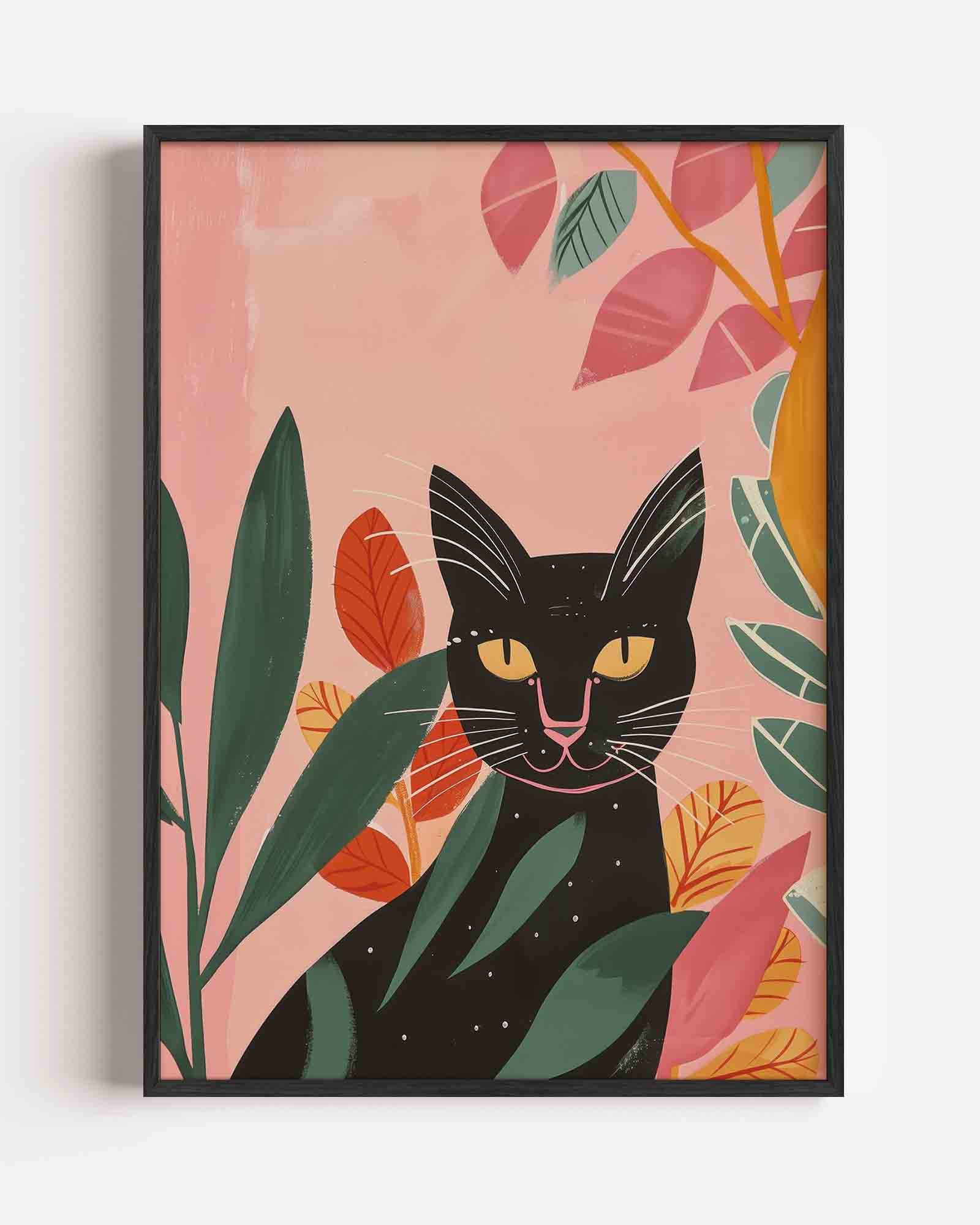 Zwarte kat met bladeren Poster