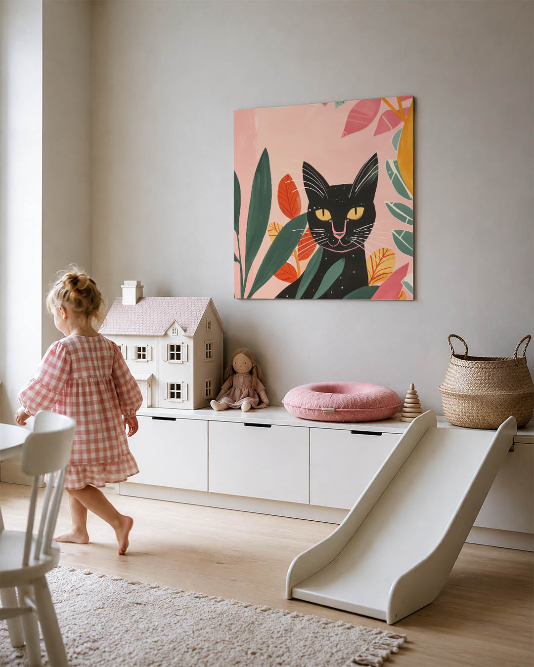 Kleurrijke kat en bladeren Kunstwerk