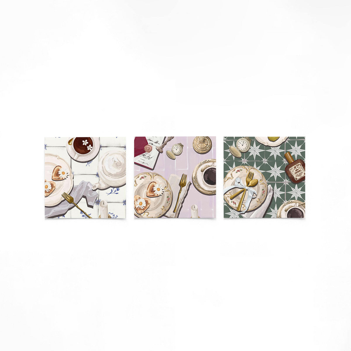 Drie vierkante posters met ontbijttafel stilleven op een gebroken witte achtergrond