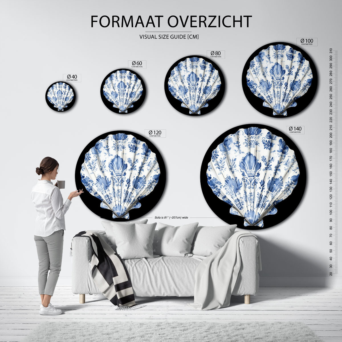 Blauw witte schelp Muurcirkel