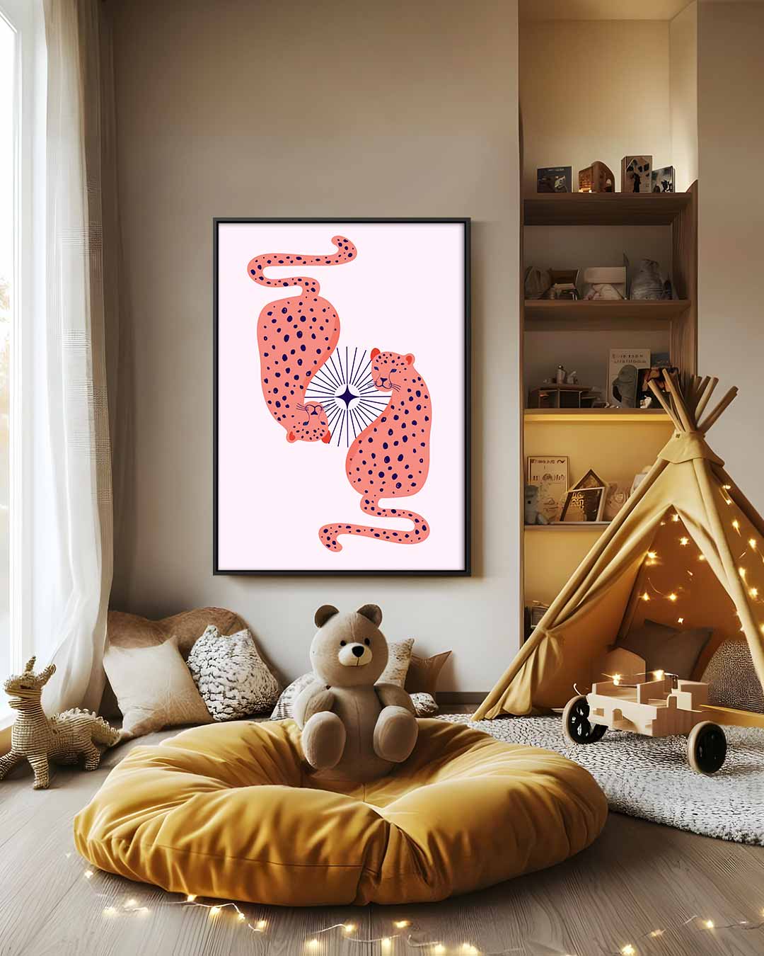 Dromerige Luipaarden op Roze Kunstwerk-canvas-dibond-plexiglas-wanddecoratie-WallArtistic
