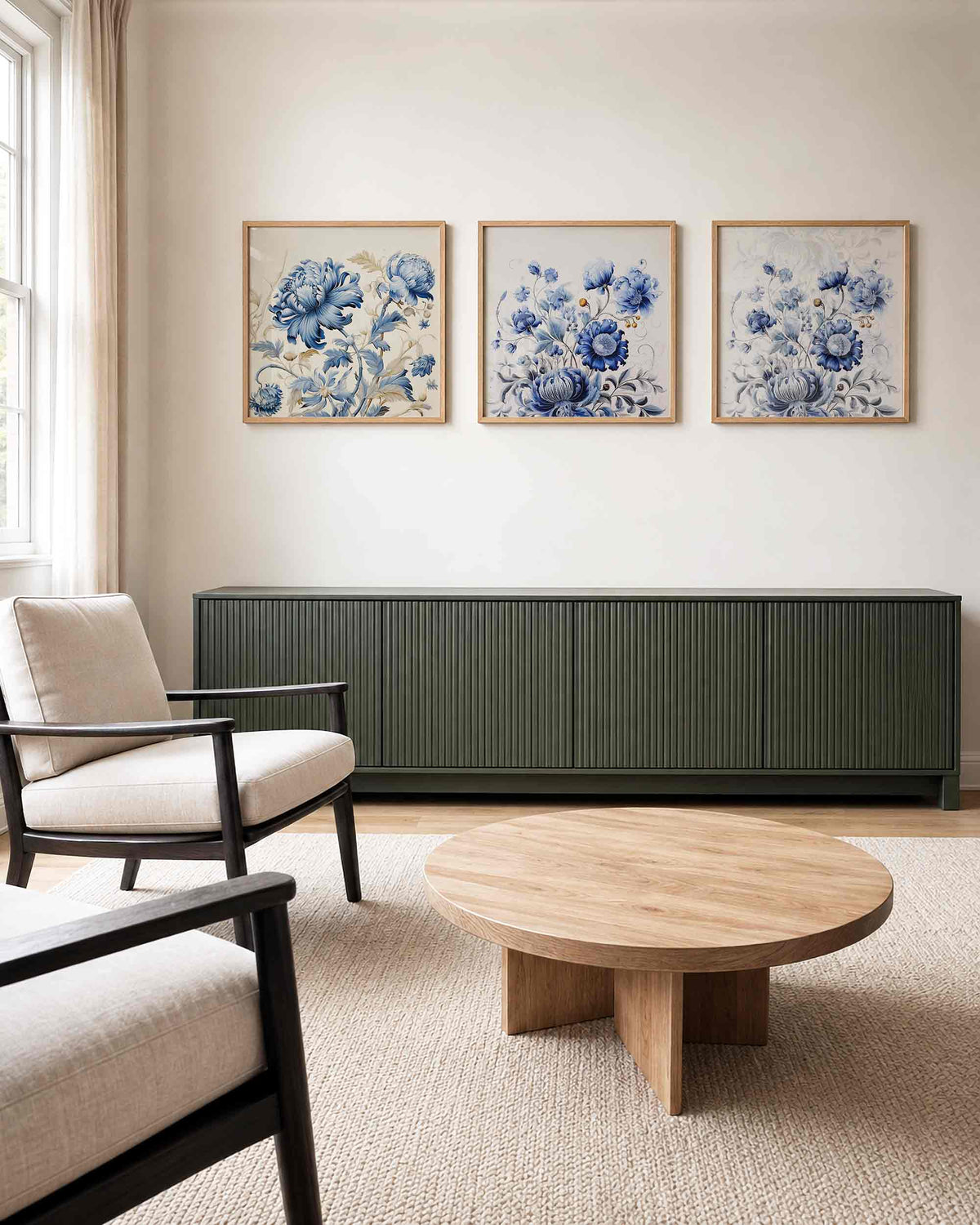 Interieurpresentatie van een driedelige vierkante posterset met blauwe bloemen