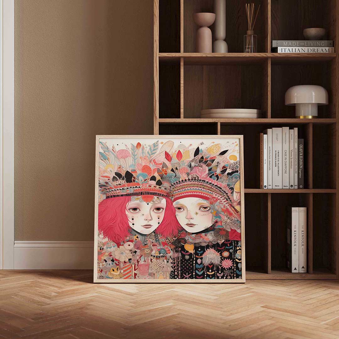 Twee figuren met kleurrijke hoofdtooien Poster
