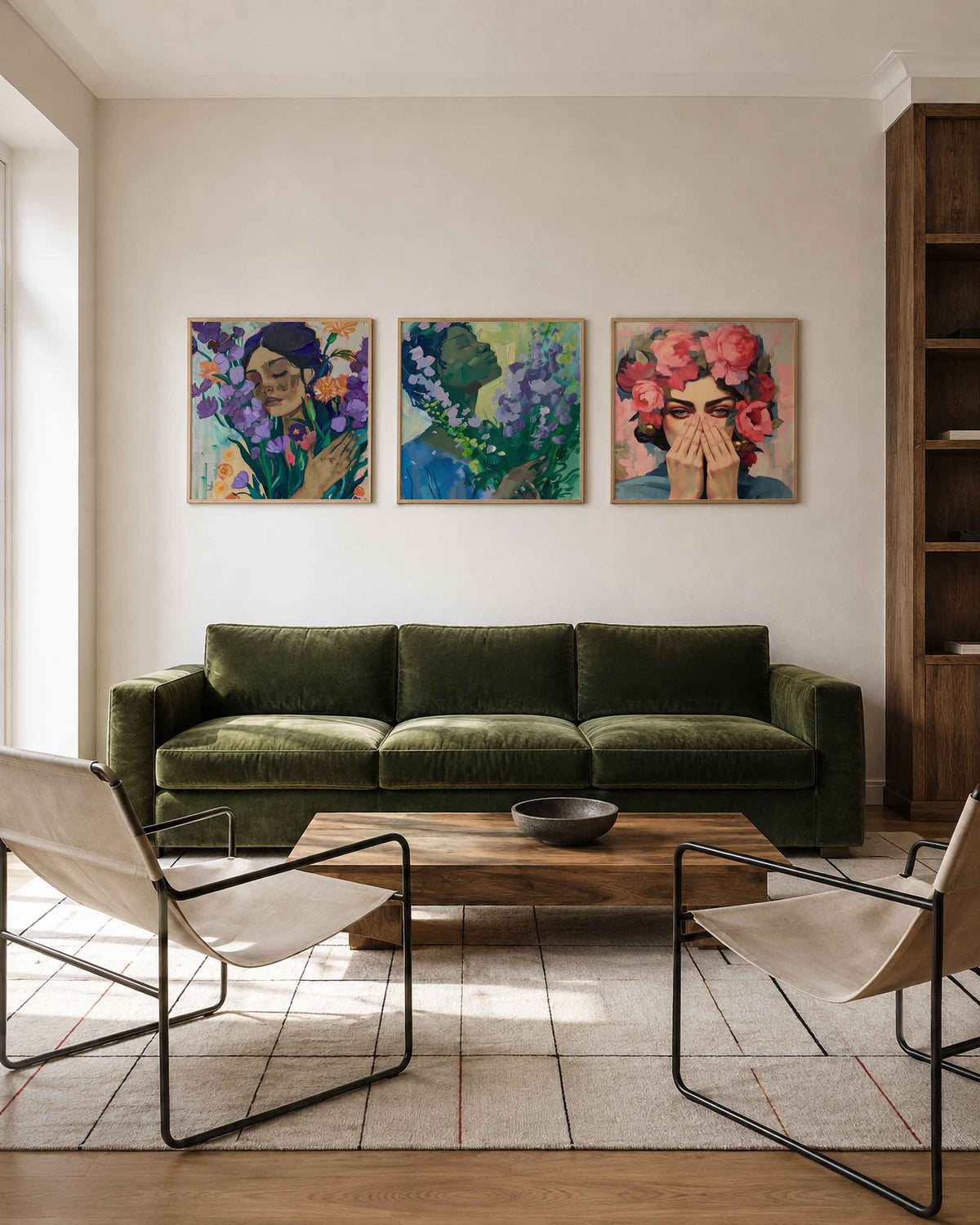 Interieurpresentatie van een driedelige vierkante posterset met vrouwenportretten met bloemen
