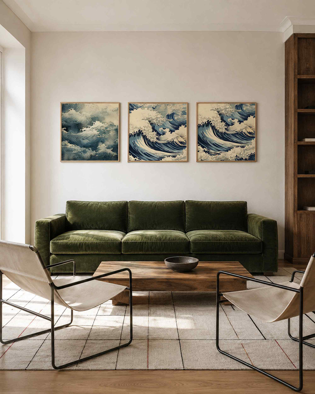 Interieurpresentatie van een driedelige vierkante posterset met japanse golven