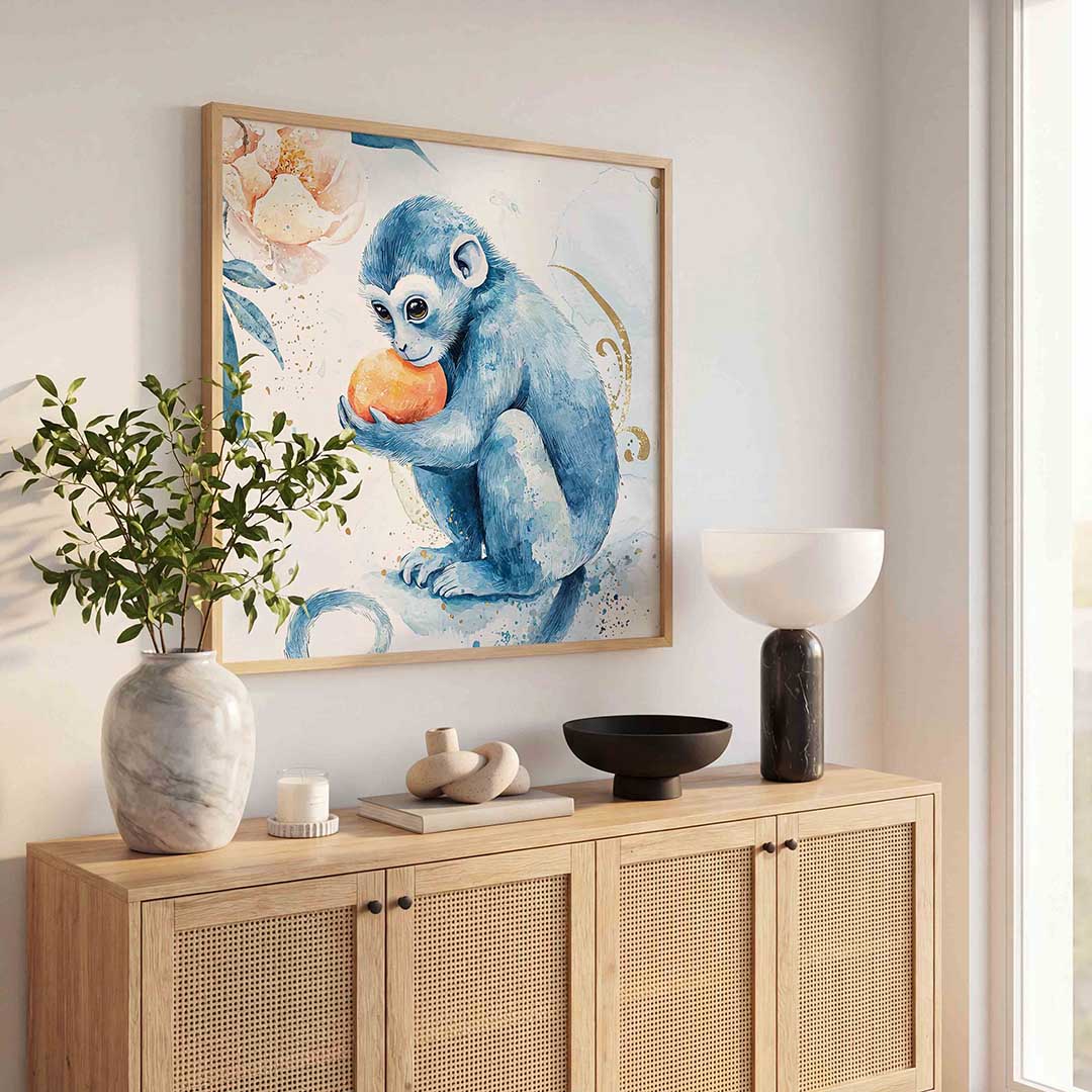 Blauwe aap met sinaasappel Poster