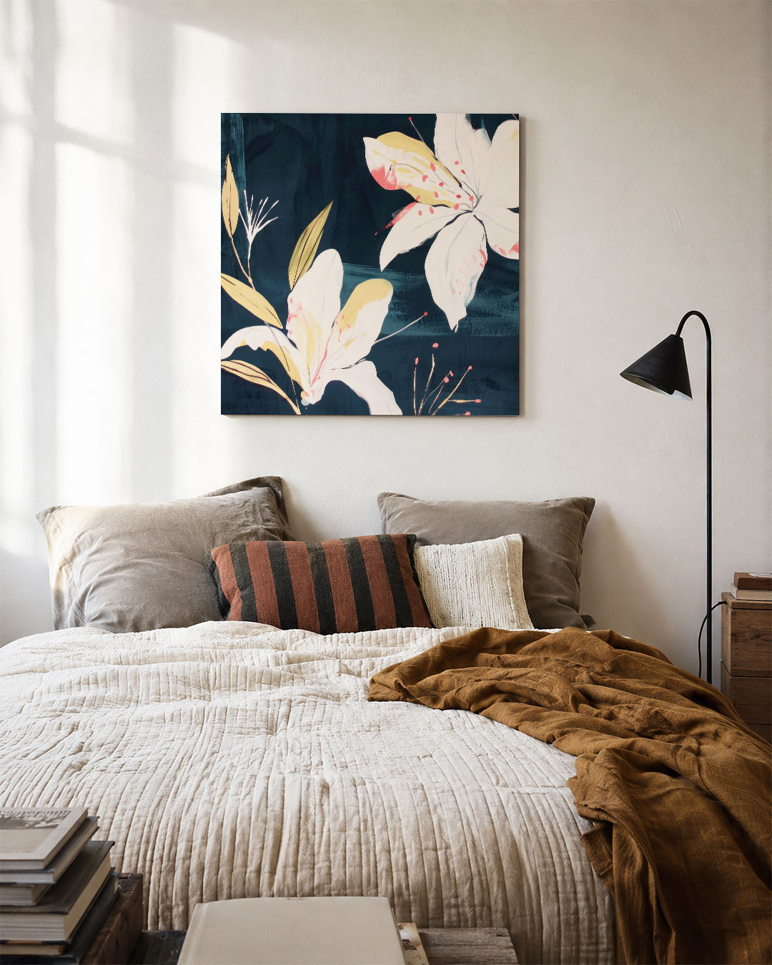 Bloemmotief op donkerblauw Kunstwerk
