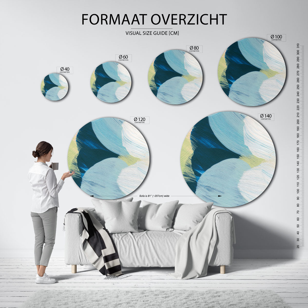 Blauwe en witte vormen Muurcirkel