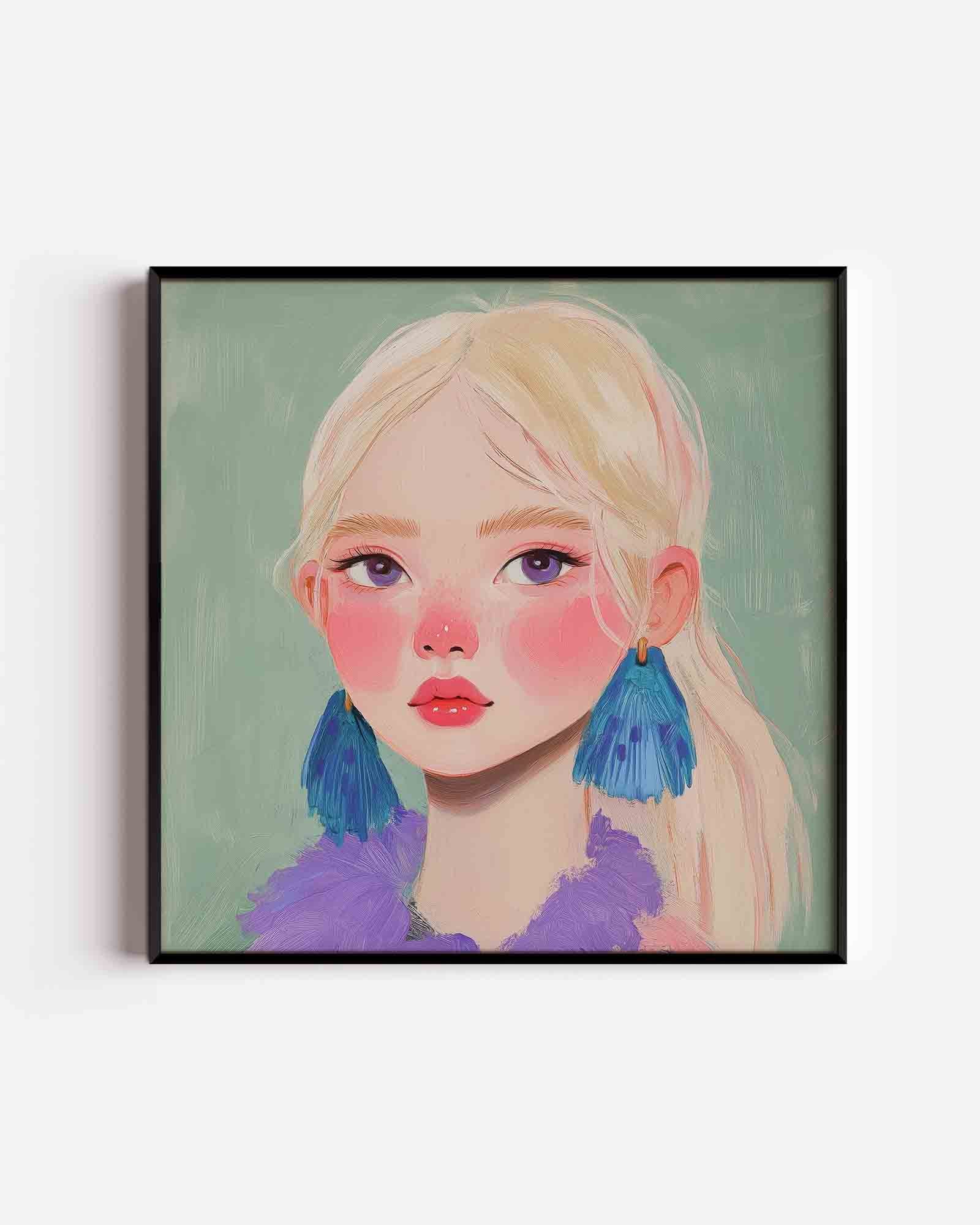 Portret met blauwe oorbellen Poster