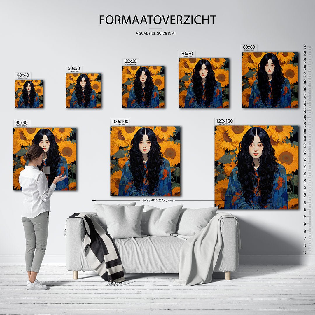 Vrouw met zonnebloemen Kunstwerk