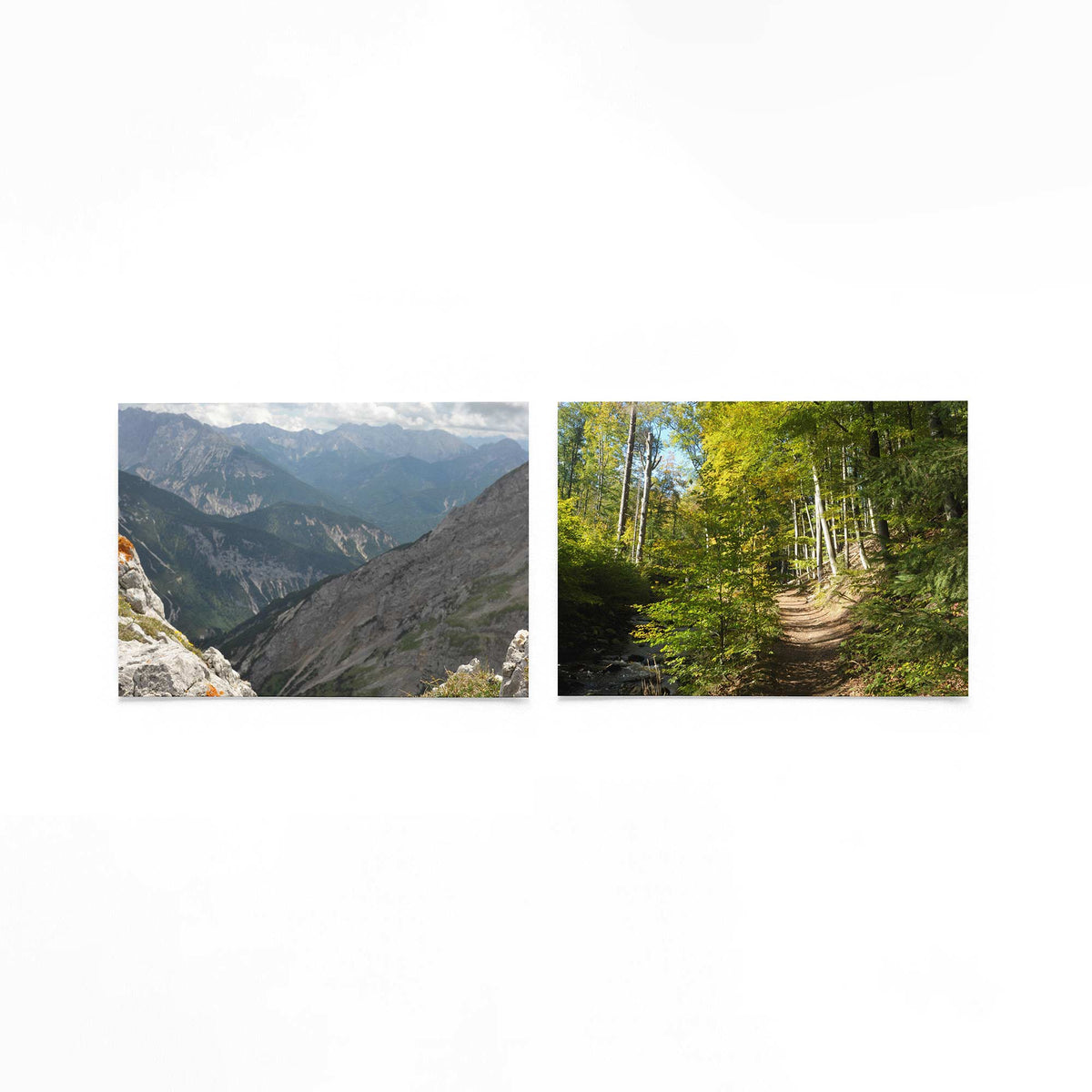 Productfoto van twee liggende posters met bergpanorama en bospad – Gerald Emming