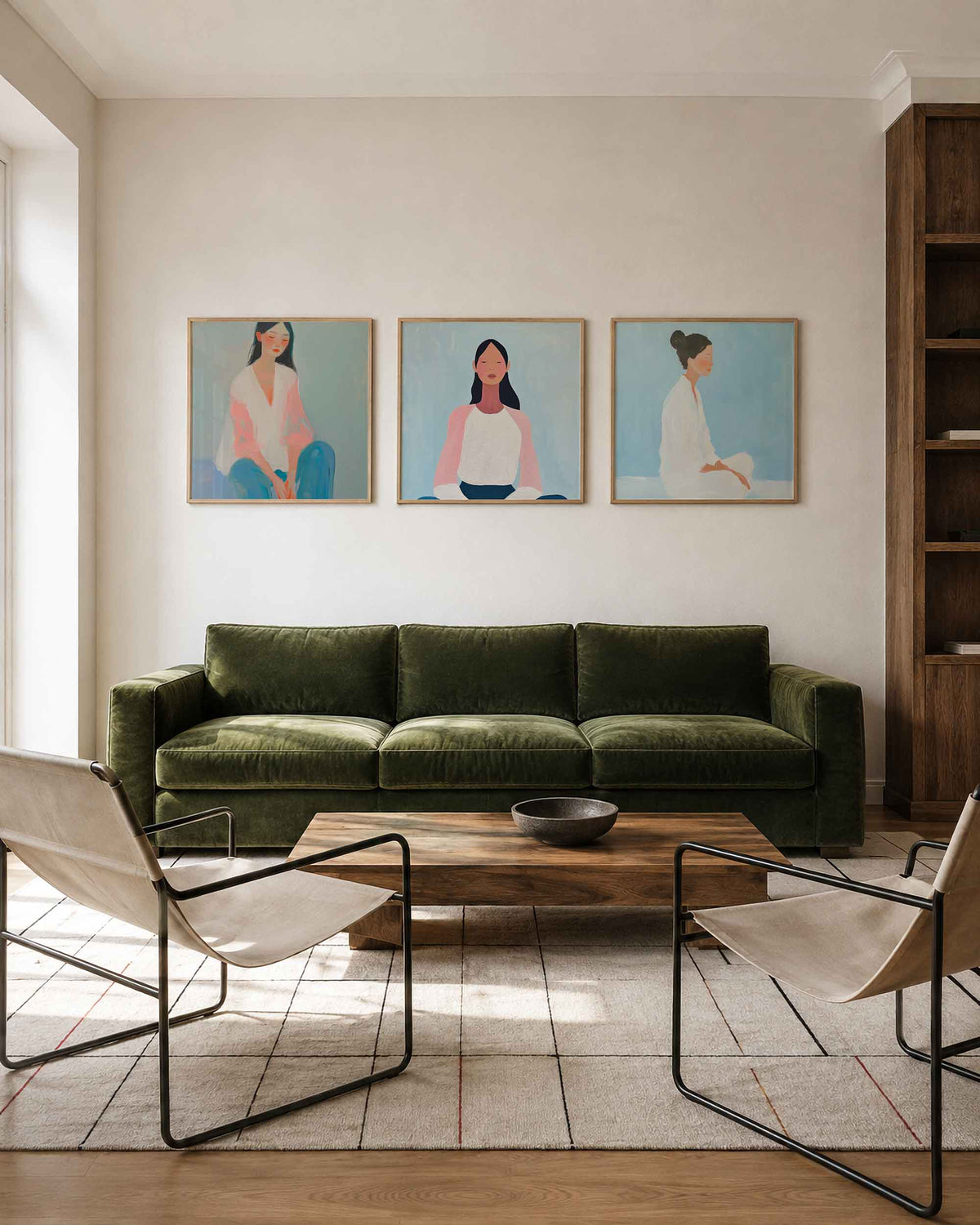 Interieurpresentatie van een driedelige vierkante posterset met vrouwenportretten