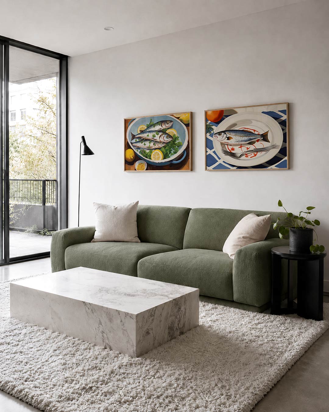 Twee liggende posters met een posterset in twee delen met vissen in een schaal, aan de muur in een interieur