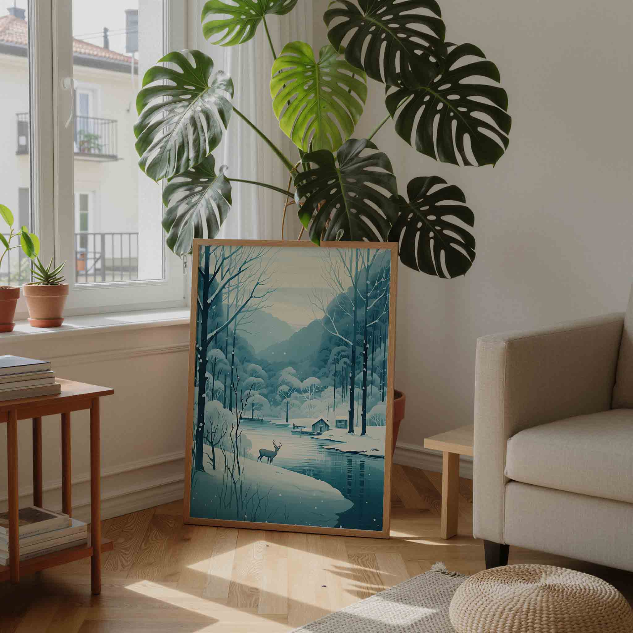 Winterlandschap met hert Poster
