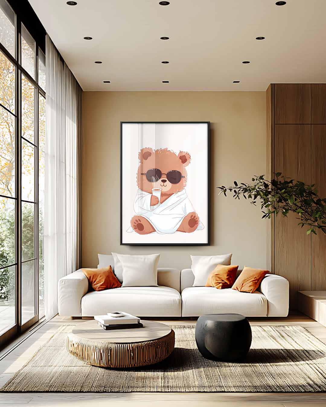 Relaxte Beer Met Koffiebeker Kunstwerk-canvas-dibond-plexiglas-wanddecoratie-WallArtistic