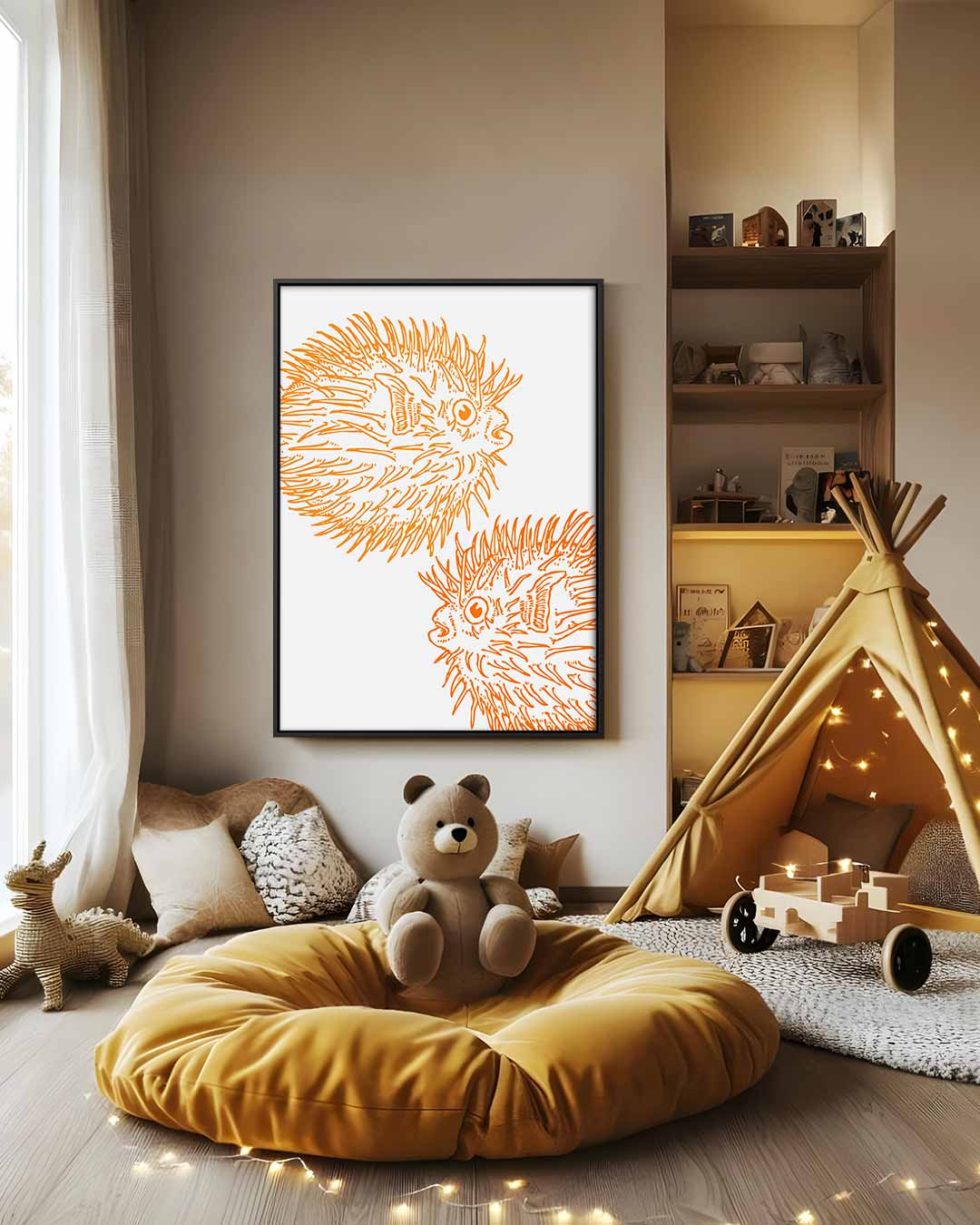 Opvallende Oranje Kogelvis Illustratie Kunstwerk-canvas-dibond-plexiglas-wanddecoratie-WallArtistic