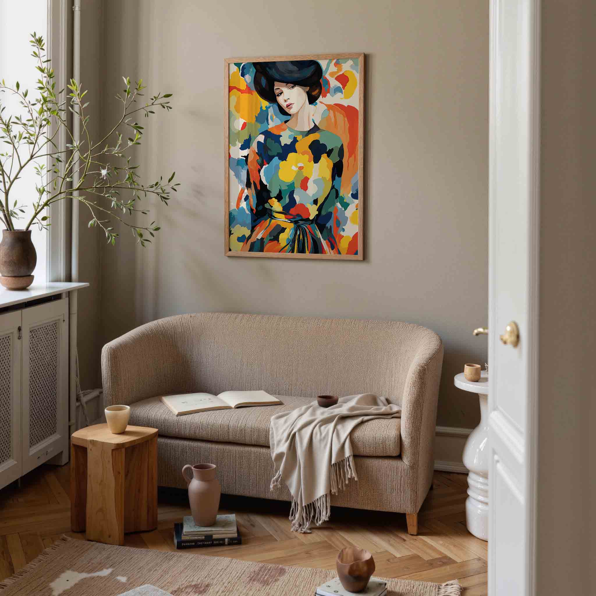 Vrouw met kleurrijke achtergrond Poster